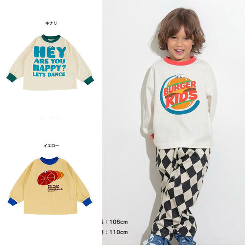 日本 MARKEYS 2025春儿童装卡通汉堡橘子字母宽松圆领运动长袖T恤