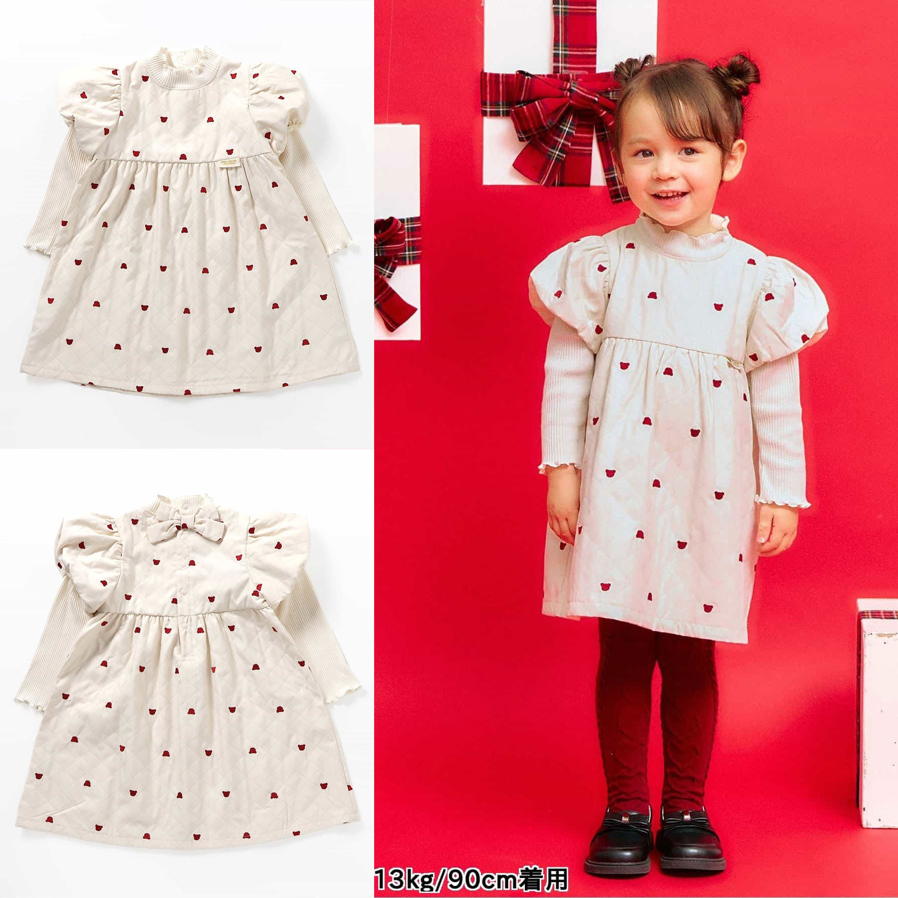 日本 tiny bear 2025冬女童假两件小熊卡通满印花立领长袖连衣裙