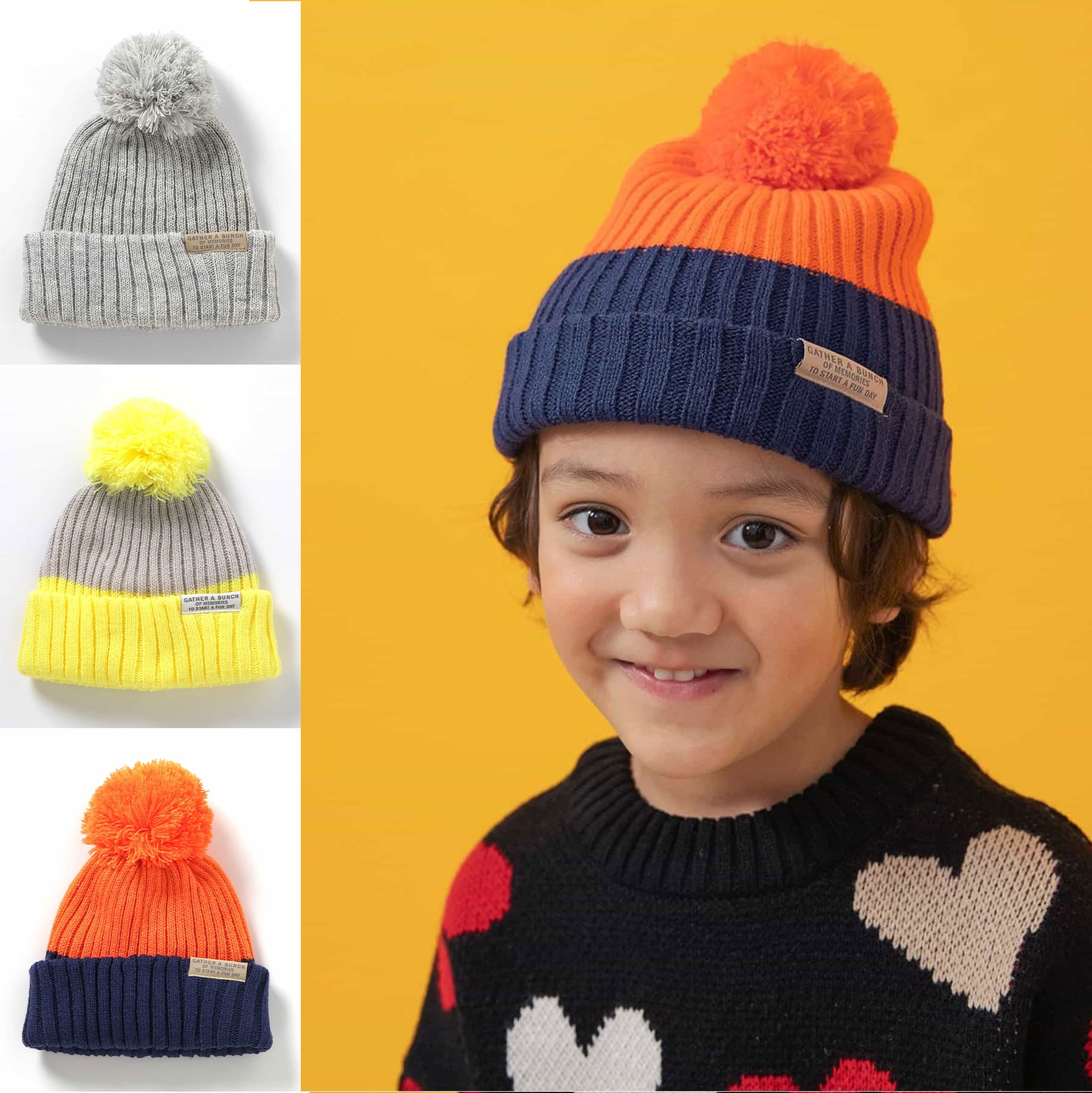 日本 BREEZE 2025秋冬儿童帽柔软毛球球拼色撞色针织保暖毛线帽子