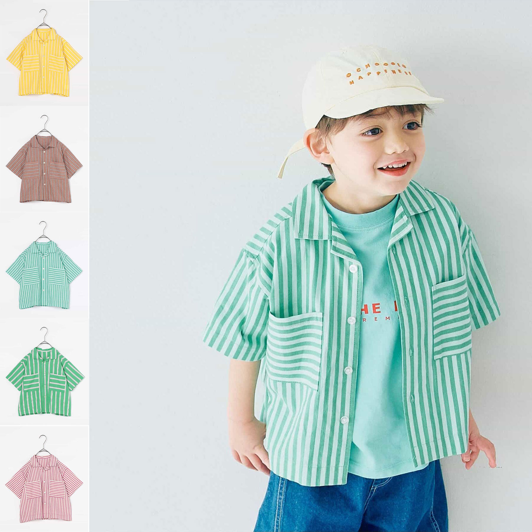 日本 p.premier 2025春夏儿童装彩色条纹透气轻薄大口袋短袖衬衫