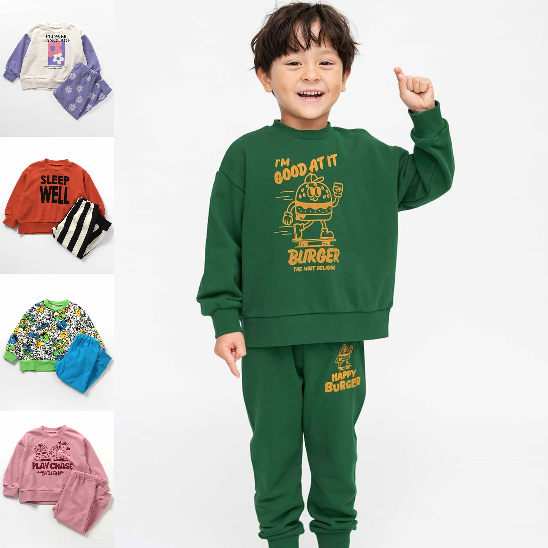 日本 BREEZE 2025春秋儿童装卡通汉堡插画小花卫衣卫裤家居服套装