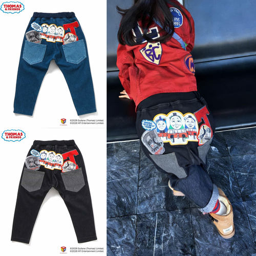 日本 BITZ 2026春儿童裤刺绣托马斯小火车PP裤棉弹休闲锥腿牛仔裤