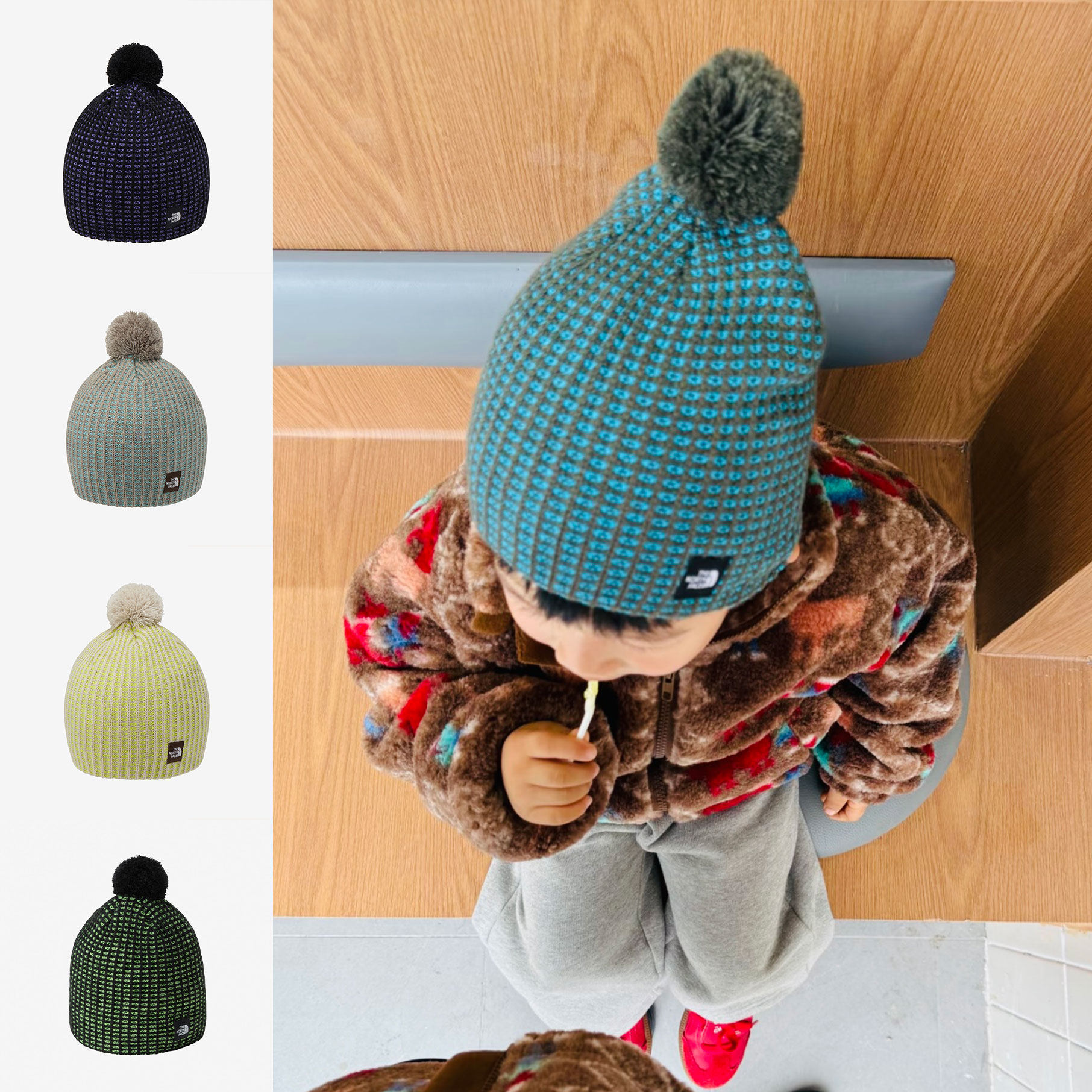 日本北面 THE NORTH FACE 2025冬儿童帽哈密瓜毛球球针织保暖帽子