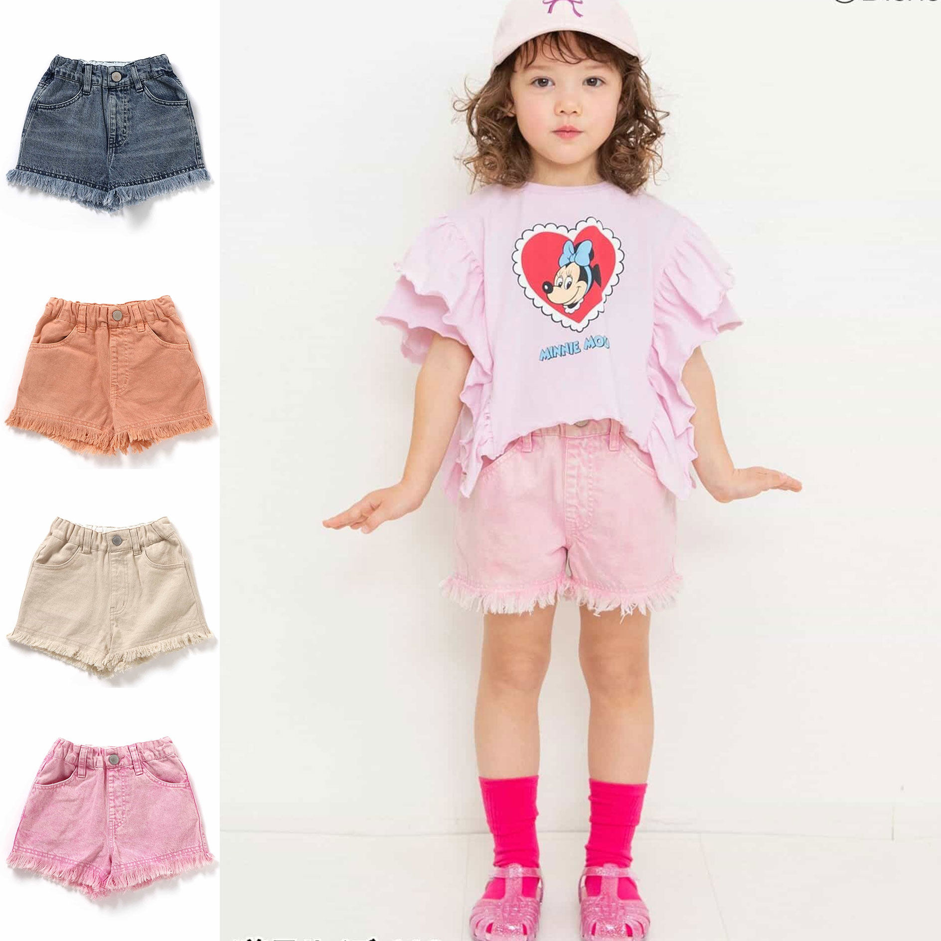 日本 BREEZE 2026夏女童松紧腰柔软口袋宽松麦穗毛边4分牛仔短裤