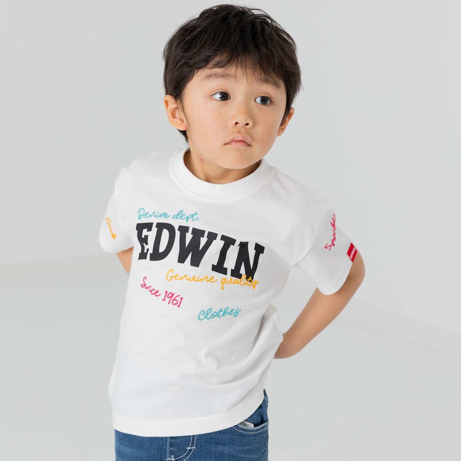 日本埃德温 EDWIN 2024夏儿童装彩色刺绣徽标logo圆领运动短袖T恤