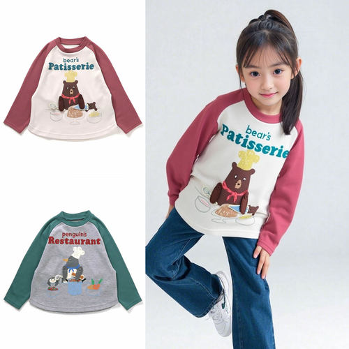 日本 BITZ 2025春秋儿童装刺绣卡通小熊企鹅厨师插肩圆领长袖T恤
