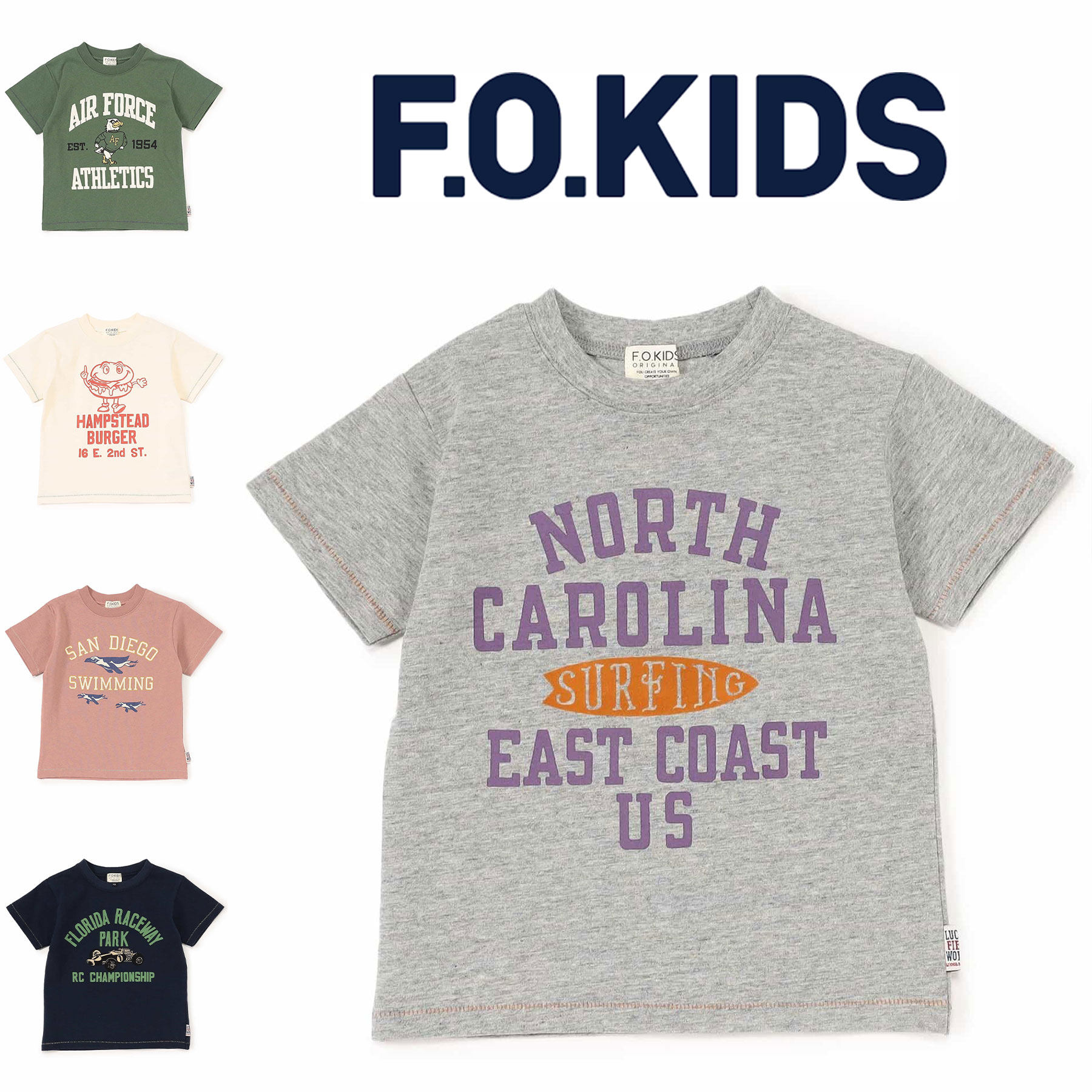 日本 F.O.KIDS 2025夏儿童装赛车橄榄球队汉堡冲浪板宽松短袖T恤