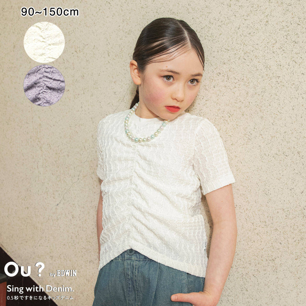 日本 branshes x EDWIN 2026夏女童透气轻薄花纹百褶圆领短袖T恤