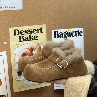 复古设计感勃肯鞋真皮绒面毛毛鞋圆头皮带扣百搭加绒保暖乐福鞋女