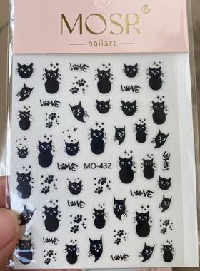 mo炸毛猫鱼骨可爱卡通小黑猫美甲贴纸浮雕立体黑色小猫咪指猫脸