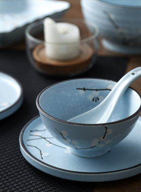 简约4人日式梅花系列套装餐具碗盘碟搭配和风蓝色风格6人餐汤碗