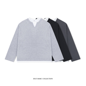 型华夫格亨利开叉领假两件叠穿宽松长袖 IDLT BOXY版 T恤男cleanfit