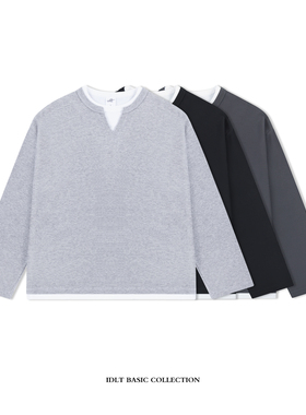 IDLT BOXY版型华夫格亨利开叉领假两件叠穿宽松长袖T恤男cleanfit