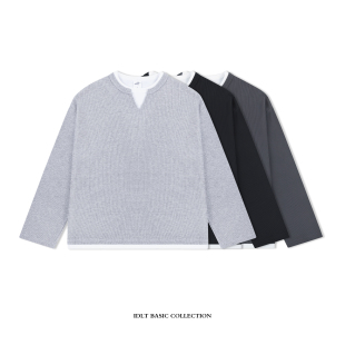 T恤男cleanfit 型华夫格亨利开叉领假两件叠穿宽松长袖 IDLT BOXY版