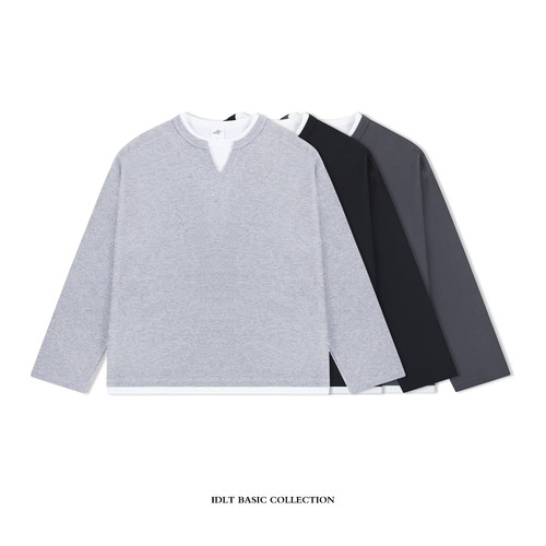 IDLT BOXY版型华夫格亨利开叉领假两件叠穿宽松长袖T恤男cleanfit