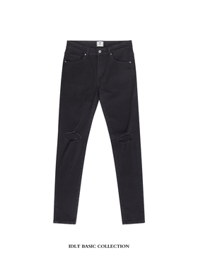 IDLT 加长弹力牛仔裤 高品质 修身黑色膝盖破洞割烂 高街潮男 ins