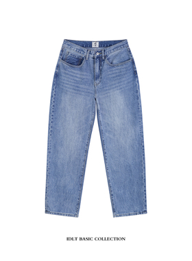 IDLT 宽松直筒 14.2OZ 重磅纯棉牛仔裤复古蓝色水洗做旧日系男女
