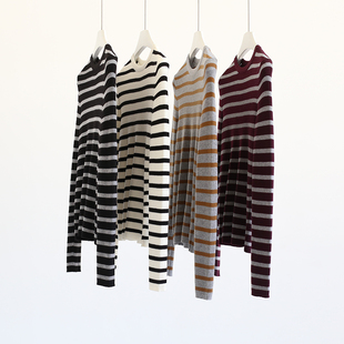 秋冬时髦法式配色高级圆领条纹长袖针织衫修身显瘦外穿套头上衣女