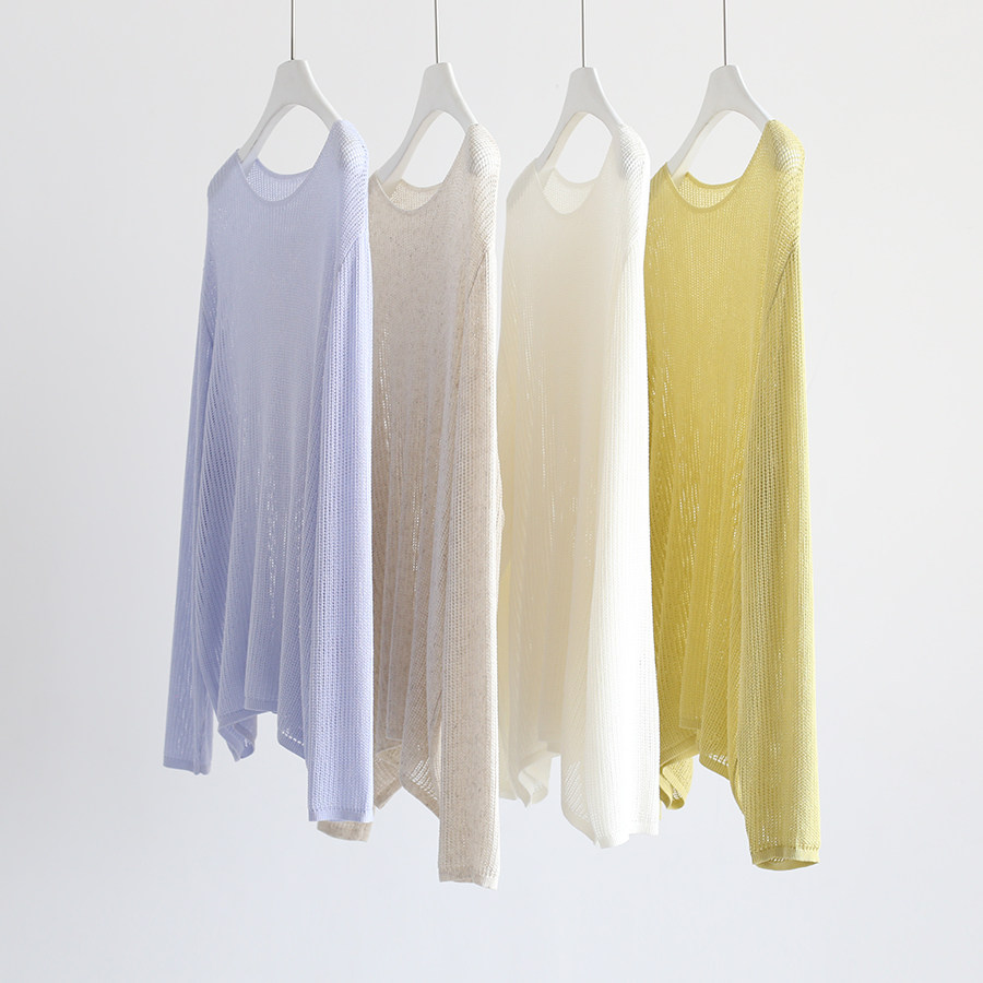 春夏天丝亚麻圆领长袖针织衫镂空薄款罩衫套头上衣女