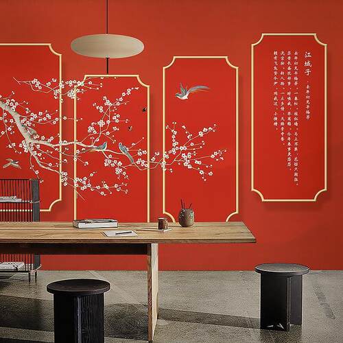 复古红色古风墙纸3D立体火锅店汉服馆背景墙布中式剧本杀装饰壁画