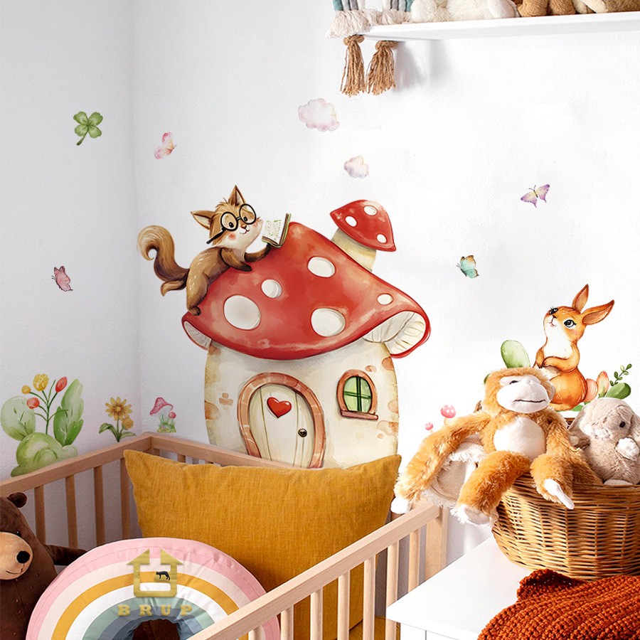 自粘半透墙贴纸卡通蘑菇小屋狐狸图案家居儿童房宿舍幼儿园装饰