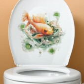 自粘马桶贴纸画防水掀盖贴卫生间洗手间装 饰可移除锦鲤鱼荷叶图案