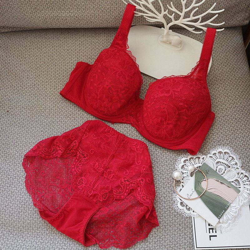 文胸套装本命年红色收副乳薄款定型妈妈内衣缩胸防下垂蕾丝结婚女