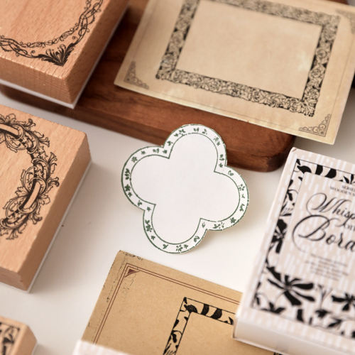 四叶草复古木质印章边框絮语