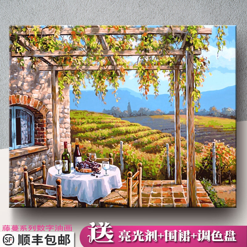 爆款数字油画diy风景藤蔓田园减压手工绘填色客厅装饰丙烯油彩画