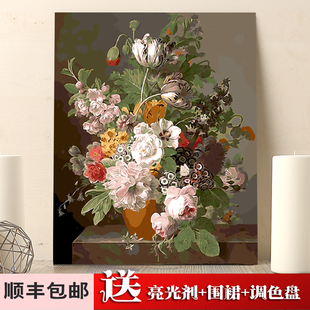 欧式 包邮 diy数字油画古典花卉风景手工绘减压填色填充丙烯油彩画