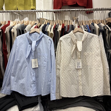 zz.com6129正版波点飘带衬衫女早春新款韩系宽松百搭全棉长袖衬衣