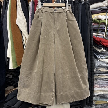 来可A5578正版加绒松紧腰复古灯芯绒阔腿裤女日系设计感冬季长裤