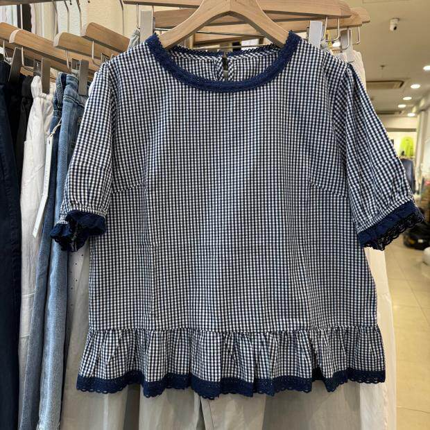 韩版花边拼接下摆格子圆领套头小衫女短袖小个子显瘦百搭上衣夏季