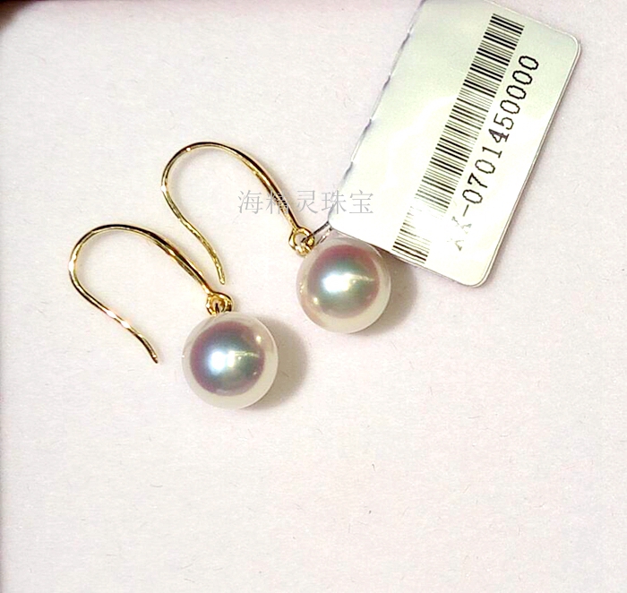 日本akoya耳环18K黄金耳钩厚款极光樱花粉正圆海水珍珠耳饰天女级