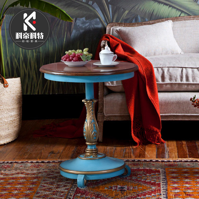 美式实木边几角几复古做旧客厅小茶几会所沙发角几实木圆几简约蓝