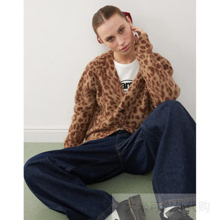 COLLUSION fluffy leopard print v-neck cardigan in brown