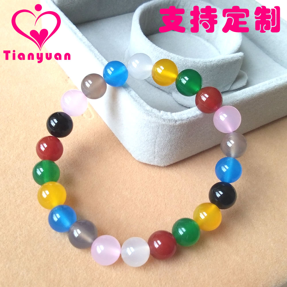 纯天然玛瑙手链女款正品红绿黄蓝粉黑白糖果多彩色玉髓圆珠串饰品