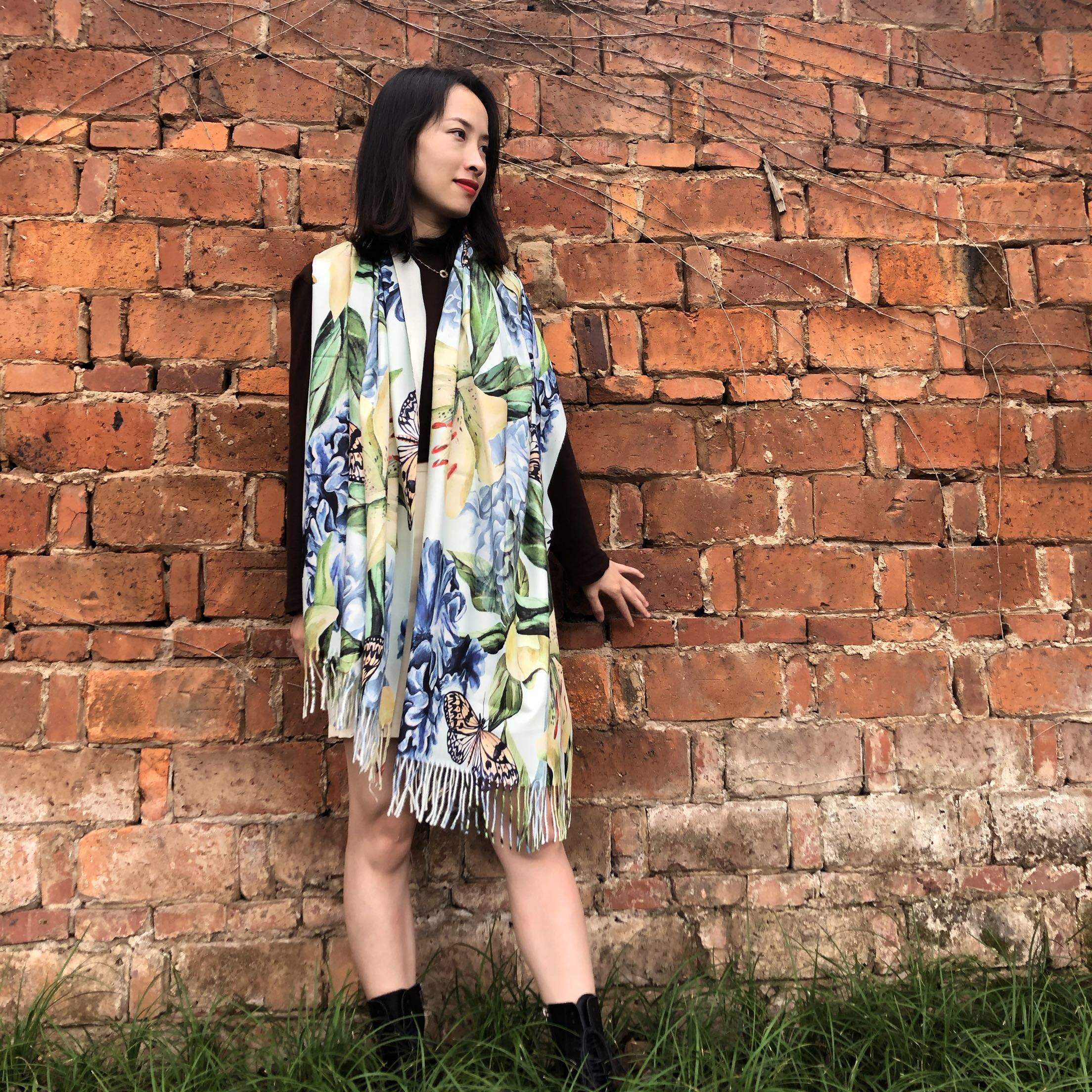 婉州丝巾原创花卉数码喷绘拉绒大披肩仿羊绒保暖女士时尚流苏围巾