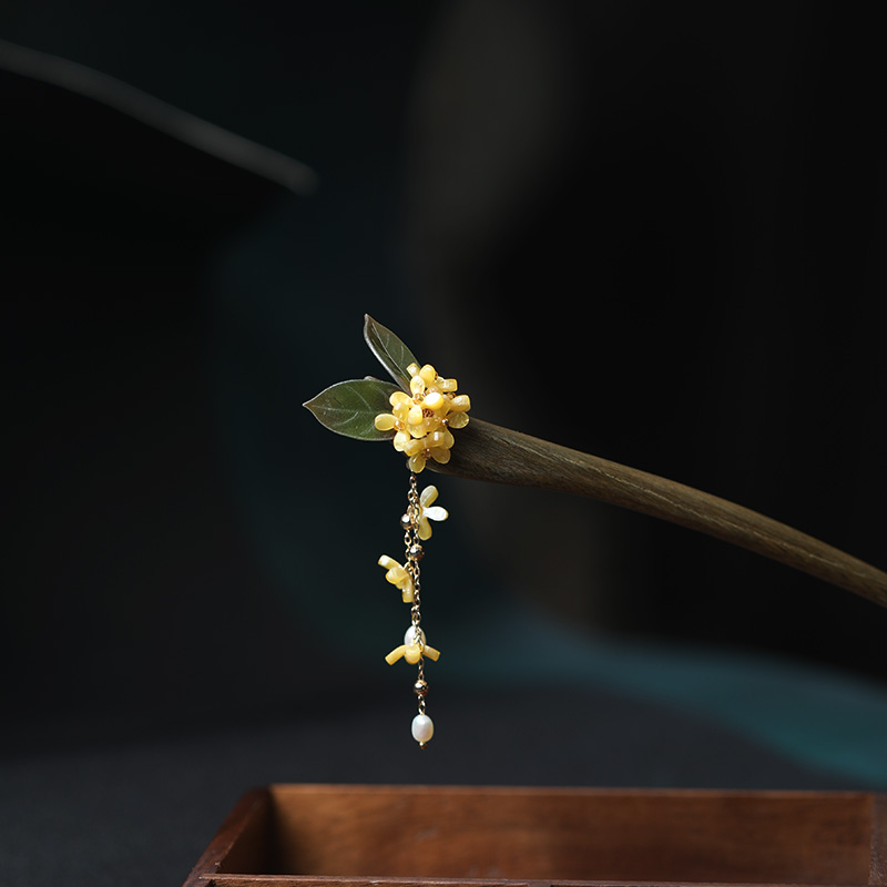 【蟾宫折桂】古典发钗绿檀木醋酸花瓣天然珍珠木簪子旗袍汉服发簪
