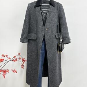 2024新款韩版双面拼皮大衣女中长款高端呢子羊毛呢外套