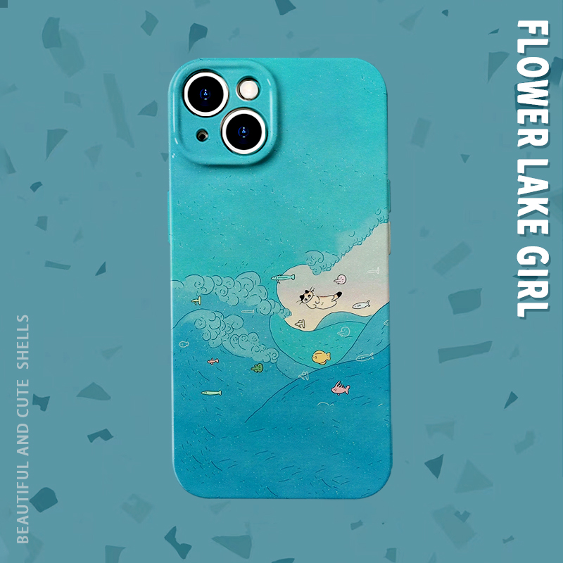 海浪遨游~可爱小猫咪适用iPhone16/15promax手机壳华为mate60菲林硬OPPOfindx8苹果13vivos19软IQOO9一加ACE3