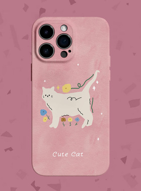 幸福小猫~简约粉色花适用iPhone17/16pro手机壳华为nova12硬OPPOreno9菲林苹果13vivos18软IQOO10小米14