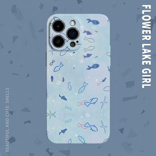 15promax手机壳华为pura70小米15 治愈蓝线条鱼适用iPhone16 13畅享70vivoS20软iqooneo10苹果13 夏日鱼快