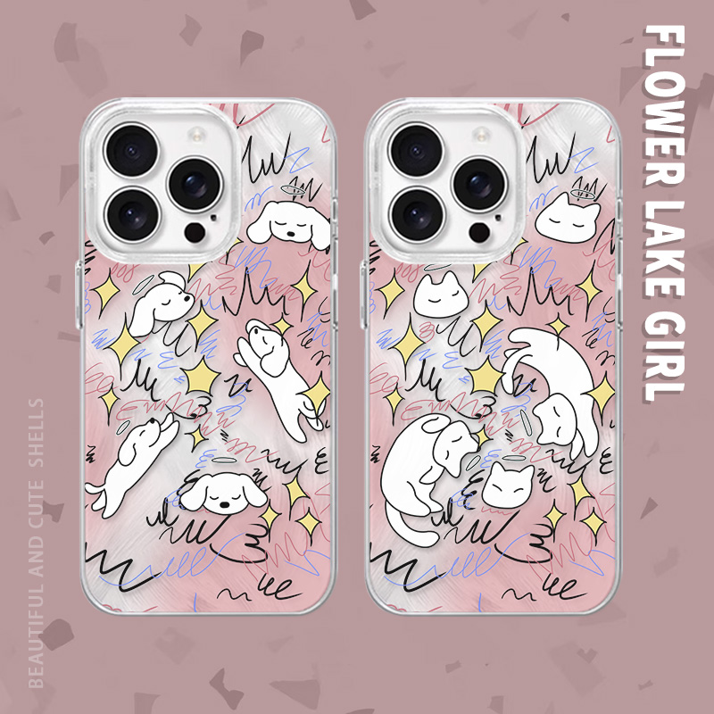 自由自在~涂鸦线条猫狗情侣适用iPhone15/16promax手机壳红米K70pro羽纱vivos19华为mete60pro小米14一加ACE3