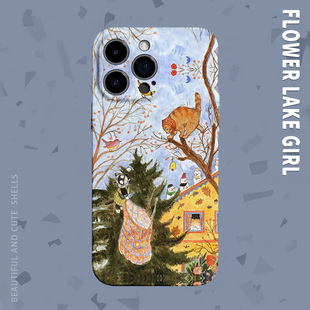 晚秋动物涂鸦适用iPhone16 节 15promax手机壳华为mate60软OPPOreon12vivoS20苹果14一加ACE3小米15 收获季