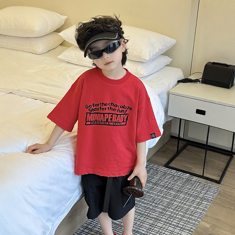 胖东来男童短袖T恤夏季2025新款儿童夏装韩版纯棉上衣男孩红色半
