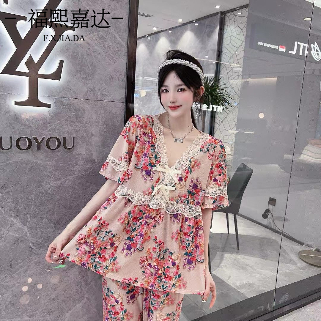 网红爆款睡衣女夏天新款V领蕾丝半袖九分裤碎花洋气家居服两件套