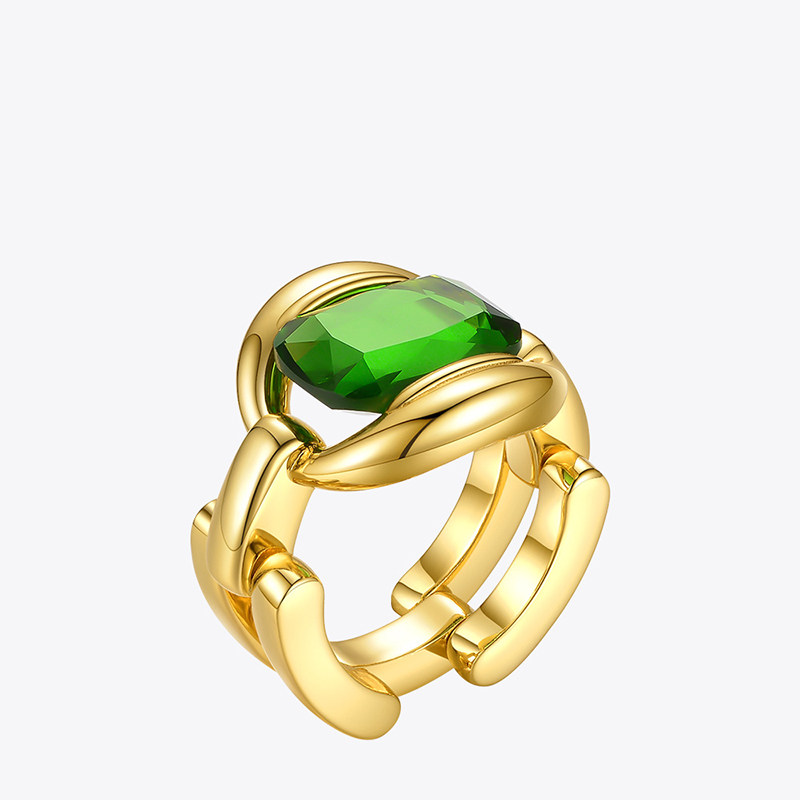 enfashion欧美风ins同款链条带绿钻可活动戒指镀18k金质感手饰