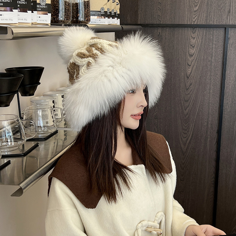 薇儿卡皮草韩国订单奶咖色毛球狐狸毛针织秋冬女保暖休闲可爱帽子