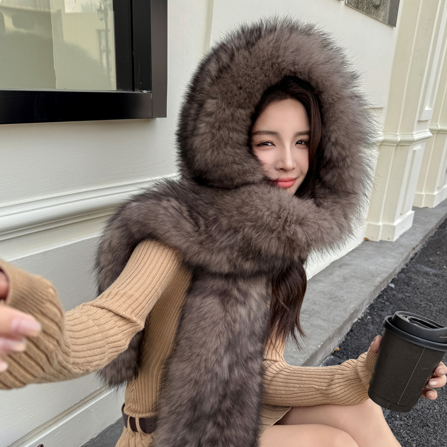 薇儿卡特密皮草定染稀有紫貂色真狐狸毛加厚冬品质棕色风雪围巾帽